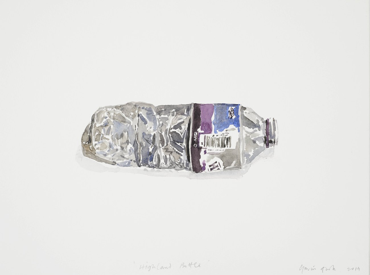 A watercolour painting of a crumpled highland branded water bottle on a white background
