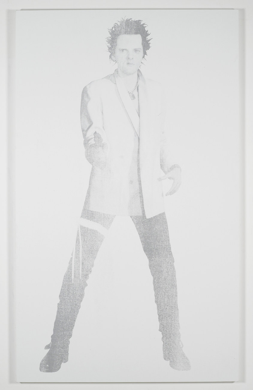 A screen print of the artist (Gavin Turk) as Sid Vicious (with the singer's messy hair) posing as Elvis (with a curled upper lip and rebellious sneer)