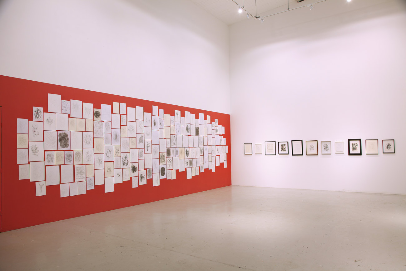 Image of a series of drawings by Gavin Turk are placed on a painted red wall