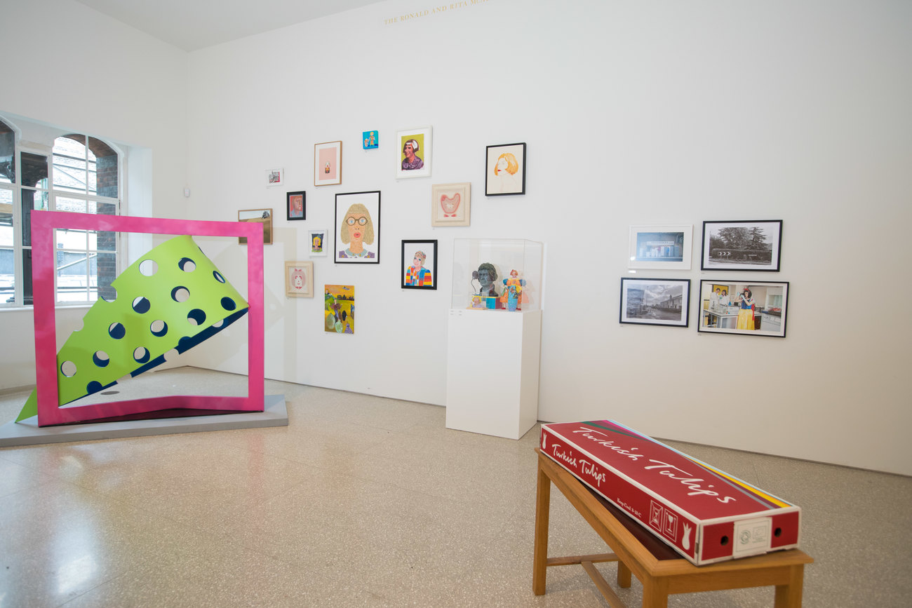 Photo shows various artworks, in the forefront a bronze cast flower carrying box by Gavin Turk