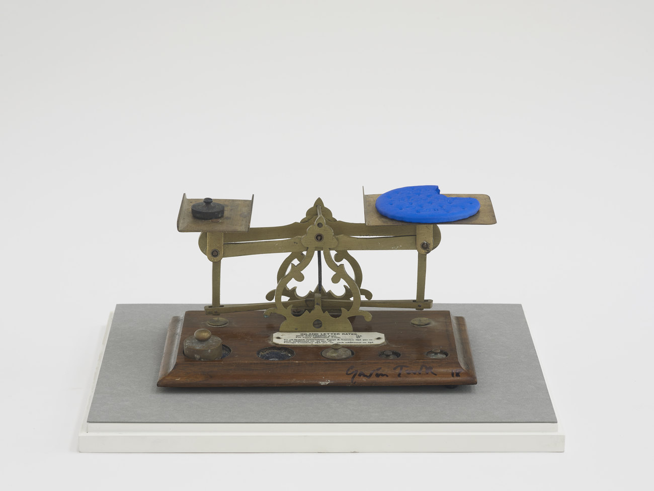An image shows a blue biscuit balancing on a weighing scale 