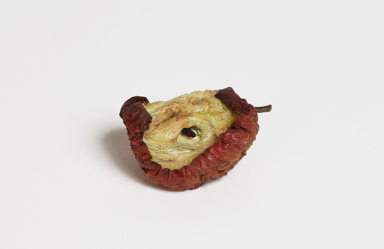 The photo shows a half eaten and discarded apple, made of painted bronze