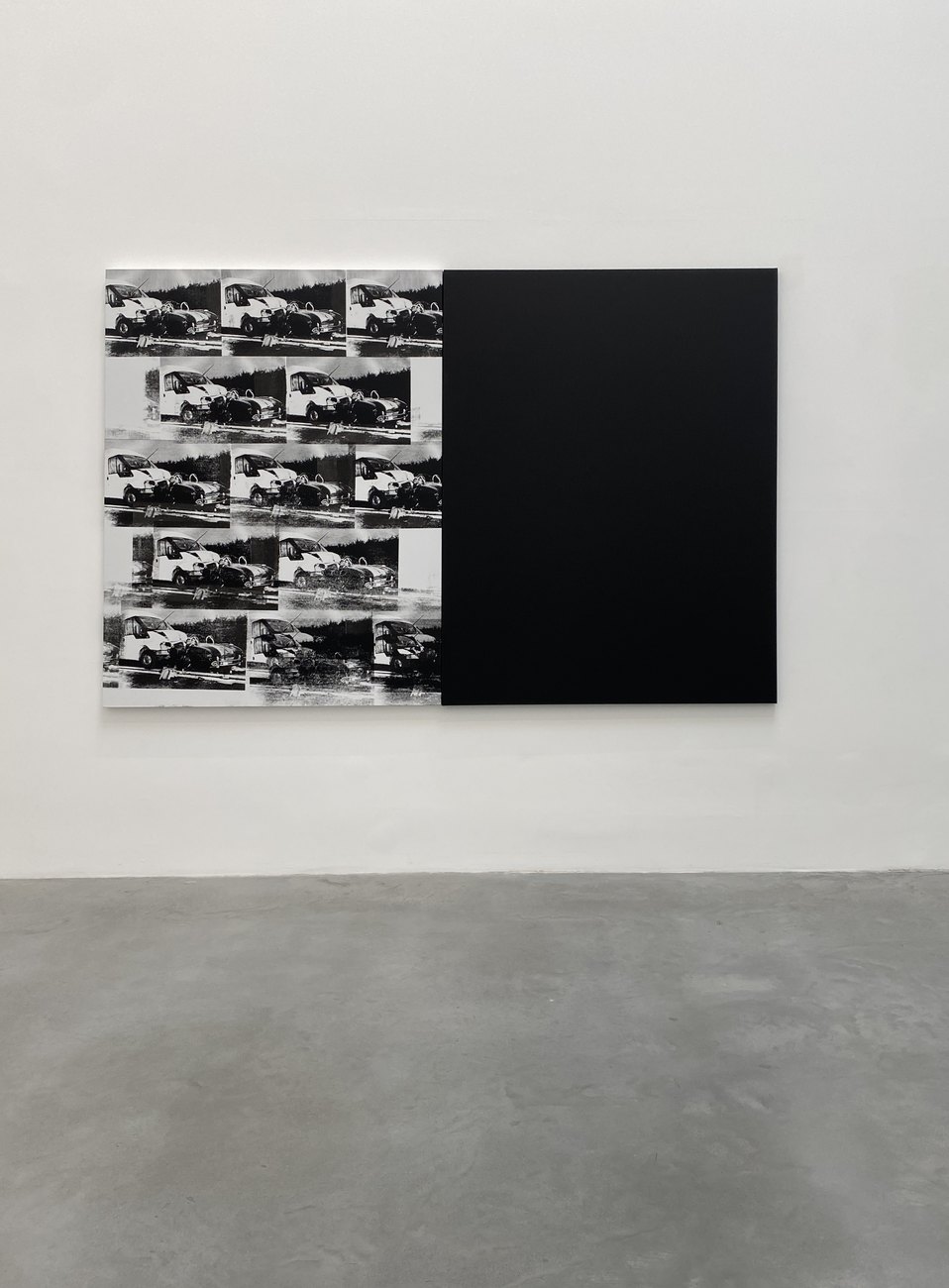 image shows a silkscreen print of a crashed transit van overlapped on one side, and the other canvas all black