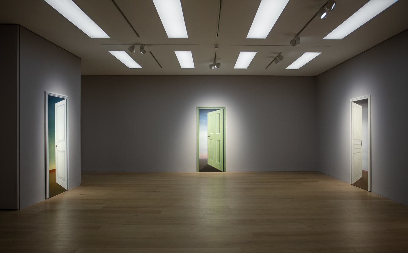 Photo of exhibition of doorway paintings by Gavin Turk 